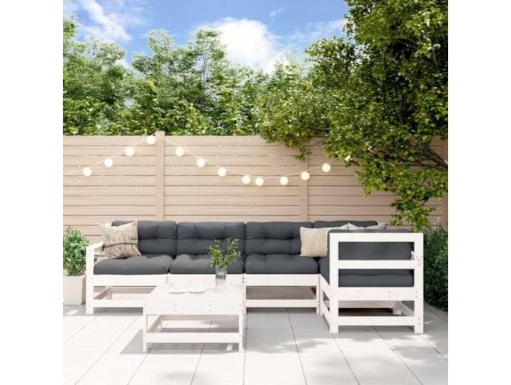 Bois massif lattes coussins moelleux jardin patio terrasse Blanc 70.1 Salon de jardin 6 places avec coussins blanc bois massif pin canapé extérieur modulable chaise confortable pour patio