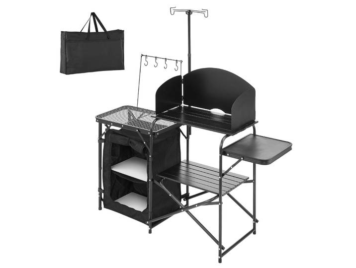 SucceBuy Table de cuisine de Camping Station de cuisine de Camp pliante Station de cuisine Portable en aluminium avec placard, sac de transport pare-brise