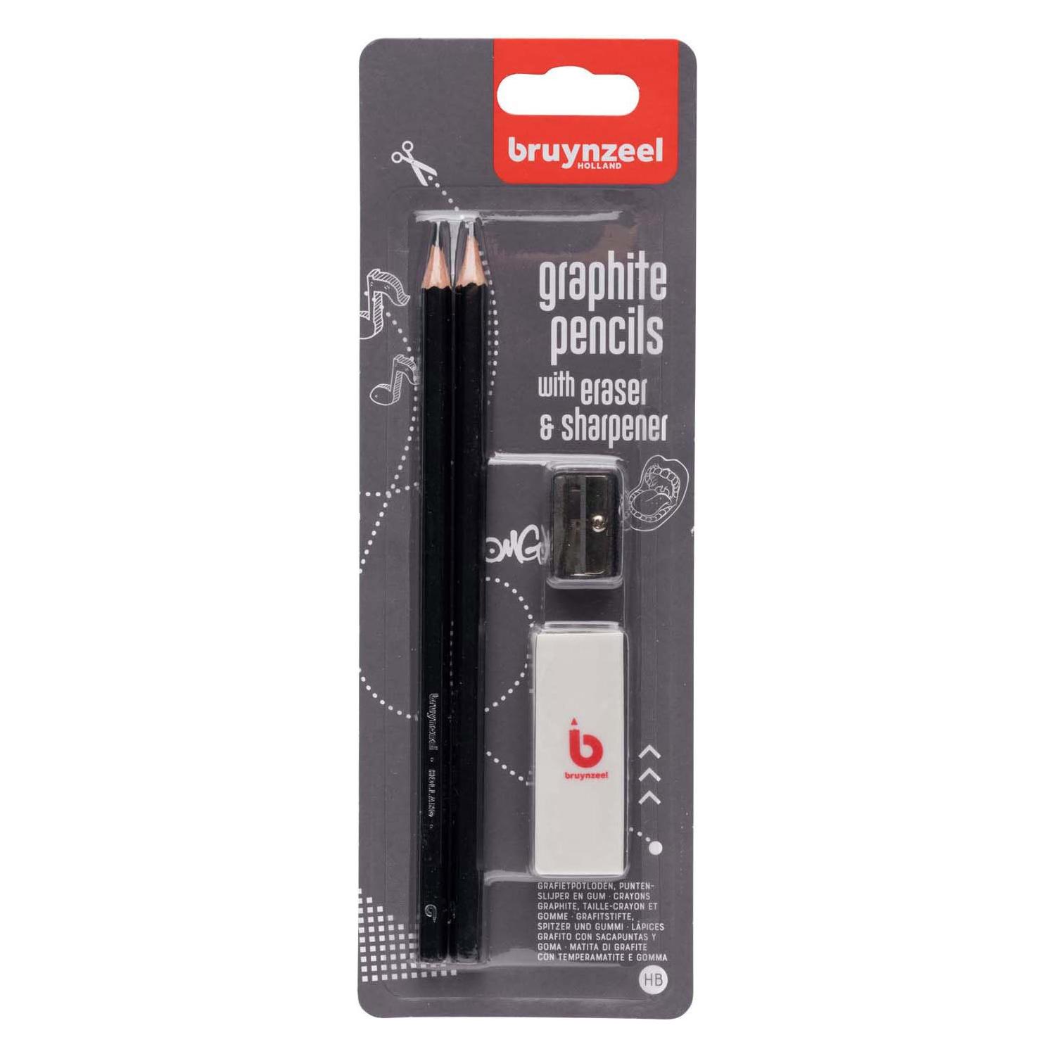 Bruynzeel Graphite pencil set | 2 HB graphite pencils + sharpener & eraser (2x) (ROY-60219004)
