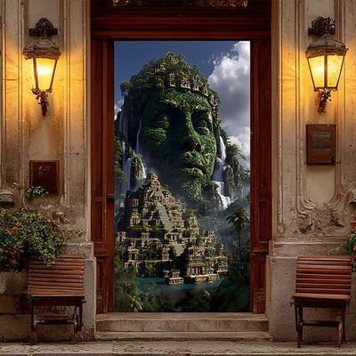 Antike Ruinen, Dschungelfantasie, riesiges Steingesicht, überwucherte Götterstatue, Maya-Aztekenpyramide, Tempel, Wasserfälle, Türbanner, Wandteppich, Heimdekoration, Haustürdekoration,
