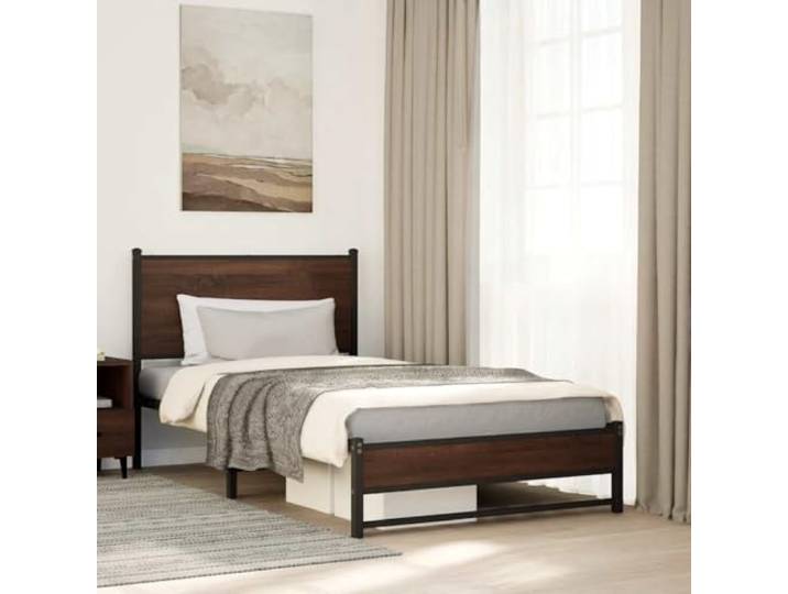 Stahlgestell Stauraum Bettgestell Eichen Optik 100 x 200 cm Braun Metallbett ohne Matratze Braun Eichen-Optik 100x200 cm Stabil Bettgestell mit Kopfteil Stauraum Gästebett Schlafzimmer