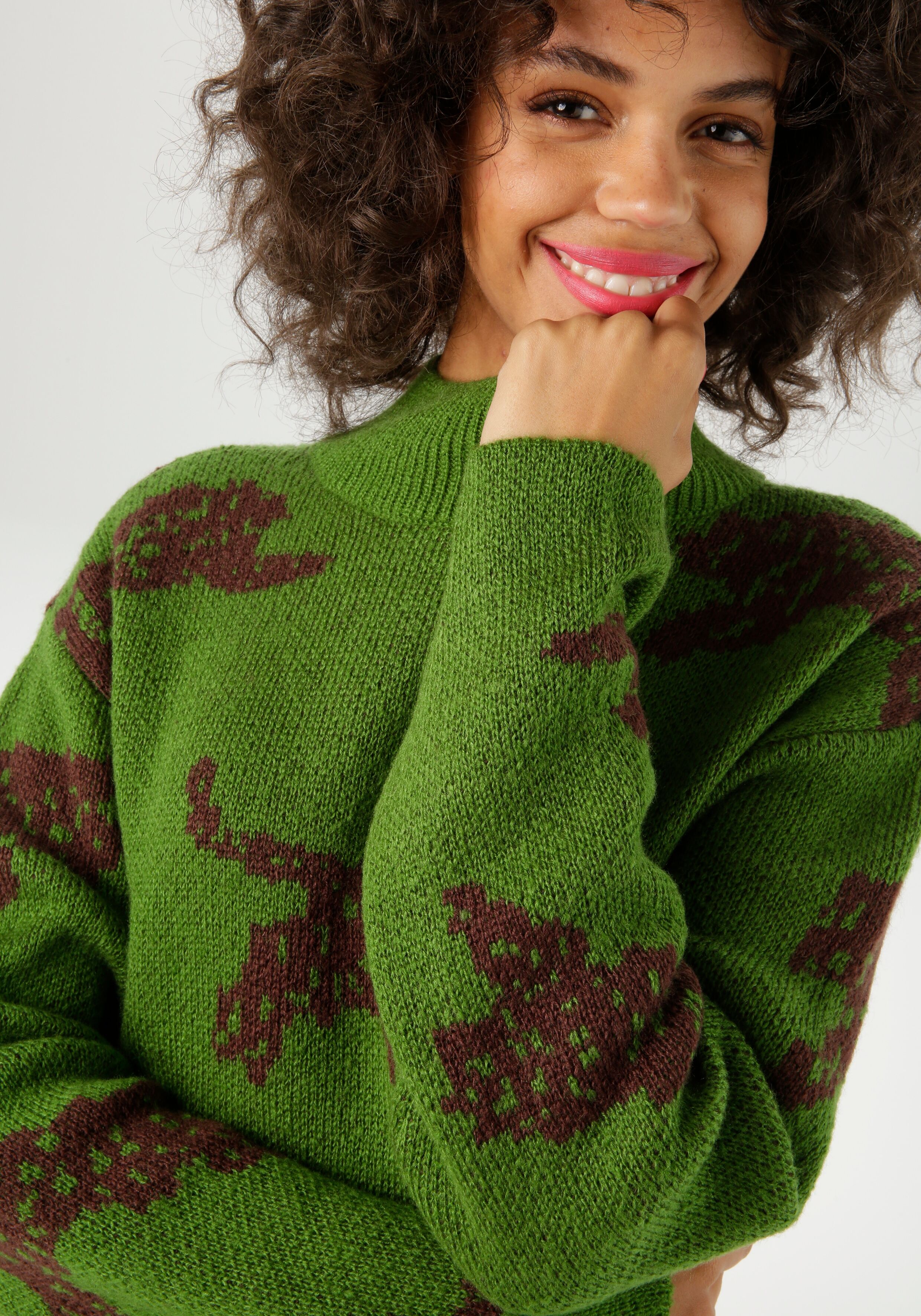 Strickpullover ANISTON CASUAL, Damen, Gr. 38, braun (grün, dunkelbraun), Strick, Obermaterial: 100% Polyacryl, Jacquardmuster, lässig geschnitten hüftlang, Strickkante, Pullover Strickpullover, mit eingestrickten Leoparden