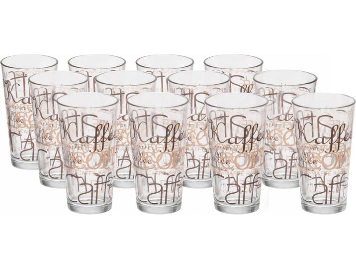 Longdrinkglas BORMIOLI ROCCO Longdrinkbecher 370 ml Latte Macchiato, 12 Stück , silber (transparent, braun), H:14,2cm Ø:7,8cm, Glas, Trinkgefäße, Longdrinkglas, Coffee-Dekor, stapelbar, spülmaschinengeeignet