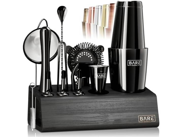 BARE BARREL Pro Cocktail-Set, Mixology Barkeeper-Set, 14-teiliges Boston-Cocktail-Shaker-Set, Barzubehör, Ständer und 35 Rezeptkarten-Set (Jet Black)