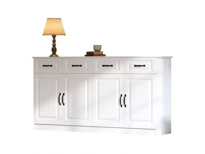 Buffet Blanc MDF 160x35x80cm 4 Tiroirs 4 Portes étagères poignées Métal Design Rainuré grand Rangement Salon cuisine Et Chambre