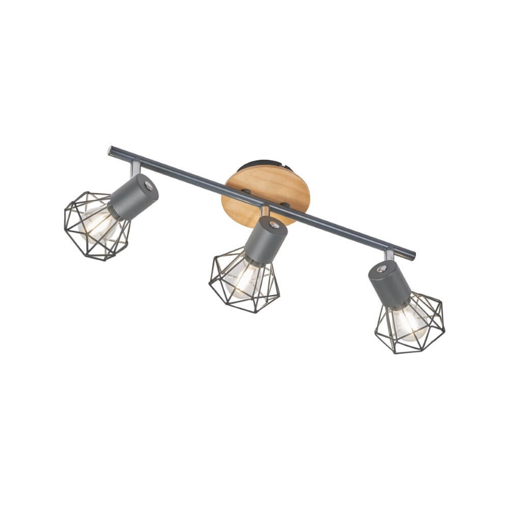 Fischer & Honsel Ran 3-lichts plafondlamp in zwart en hout met industrieel design