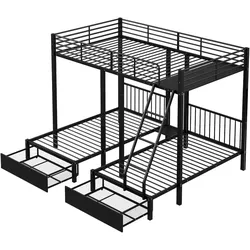 OKWISH Dreibettzimmer Etagenbett 140x200 + 2×90x200 cm Metallgestell, Sicherheitsgeländer, Stauraum, multifunktional, robust, Schwarz