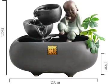 Inspired Finds Ceramic Cat Water Fountain Creative Desktop Waterfall & Indoor Pet Fountain zen Monk Waterfall Fountain (23cm) Black