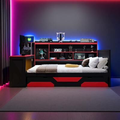 ZWYO HOSIMU Full Size Pinewood Gaming Daybed with Integrated Desk, Lights & 3 Storage Drawers, Bookcase with Charging Station