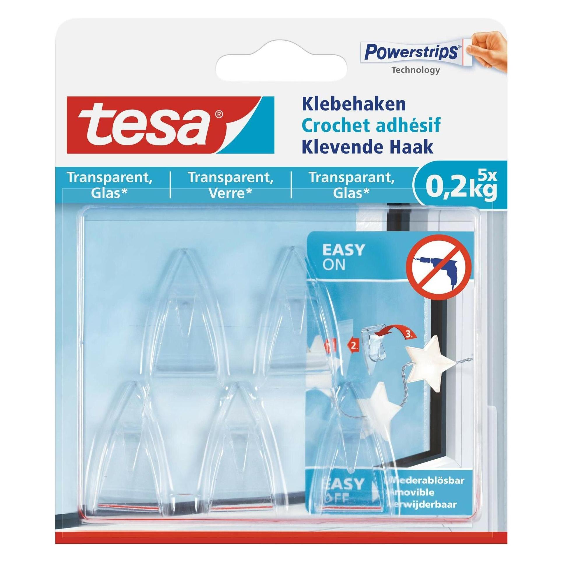 tesa Klebehaken für Glas, 0,2kg Halteleistung, spurlos ablösbar & wiederverwandbar, 5 Haken (77734-00000-00)