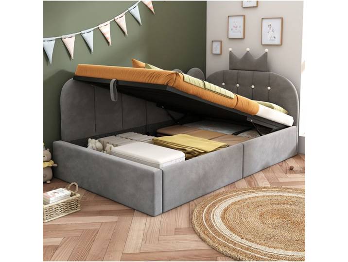 HOMVRA Lit simple 90x190 cm lit banquette lit enfant avec rangement hydraulique et sommier velours gris sans matelas