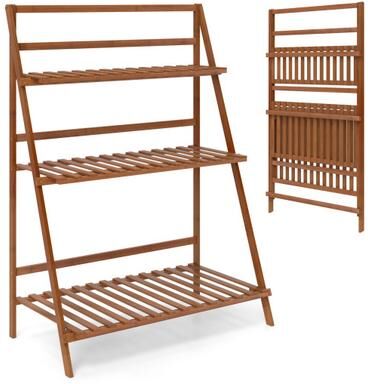 Costway 3-Tier Bamboo Ladder Shelf Foldable Plant Flower Bookshelf-Brown