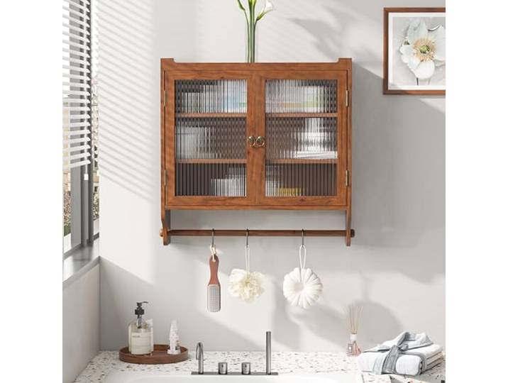 Switdo Brauner Vintage Wandregal aus Echtholz Glas 63cm Ablage Badezimmer Schrank mit Glasfront und drei Ablagen