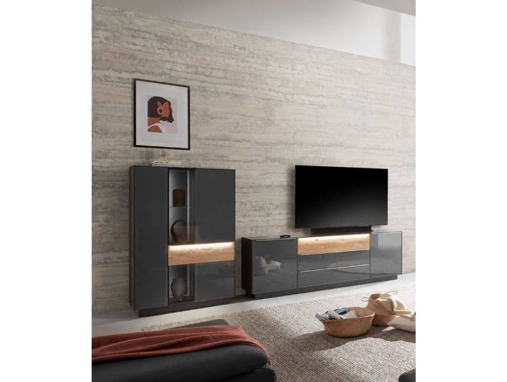 möbel-direkt.de Wohnzimmer-Set Wohnwand Nova Anthrazit und Eiche 2 teilig