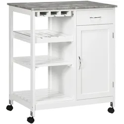 HOMCOM Rollbarer Küchenwagen, Servierwagen mit Weinregal, Schublade, offenen Regalen, Schrank und Marmor-Optik, Kücheninsel mit Stauraum, Weiß