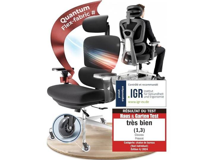Chaise de bureau ergonomique large assise CLOUVOU - PowerSeat - Fauteuil de bureau - dossier respirant - Max 200 kg - Noir