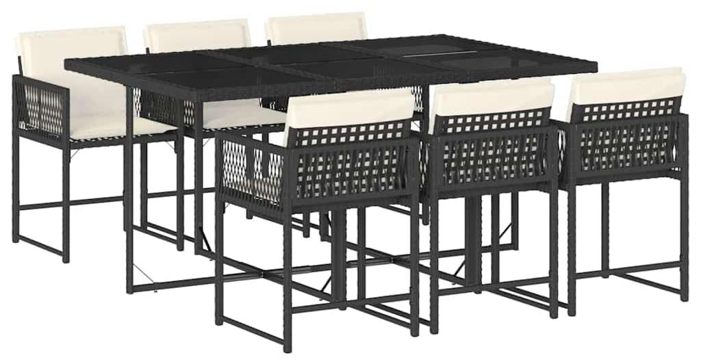 Gartenmöbel-Set, 7-teilig, aus Poly-Rattan - Klappbar, inklusive Kissen - Schwarz, Creme