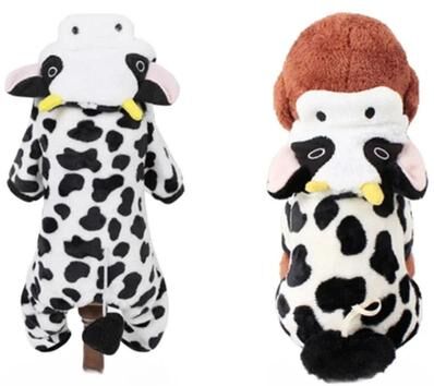 Uplifted Goods Cozy Coral Velvet Pet Outfit With Dinosaur Or Cow Style For Autumn And Winter Warmth cow m