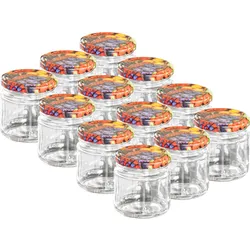 12er-Set Einmachgläser mit Schraubdeckel - Sturzgläser mit Früchte-Muster, je 315 ml - Luftdicht, hygienisch & wiederverwendbar für Konservieren