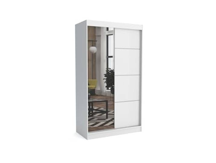 Brent - Kleiderschrank mit Spiegel Tom, 100cm Breit, Schlafzimmerschrank mit 1 Kleiderstange und Einlegeböden für Kleidung, Kleiderschrank Weiß