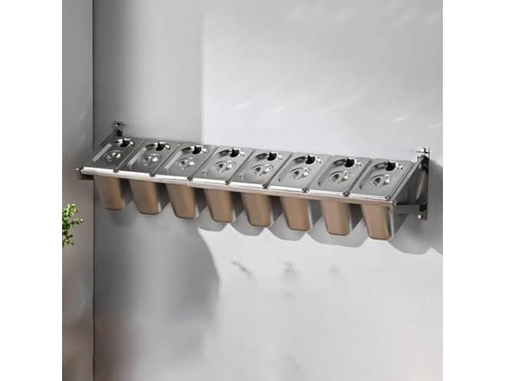 LIUWOPA Gewerbliches, an der Wand montiertes Gewürzregal aus Edelstahl mit Deckel und Löffel, Gewürzdosierbehälter-Set, Ausgabestation für Salatbuffets, Fachschale für Pizzabelag, 3 Gitter