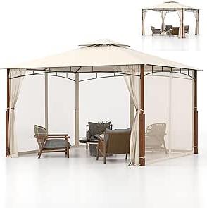 3,6 x 3 m Gartenpavillon mit Netzseitenwänden, Belüftetem Dach, Robuster Metallrahmen, Riemen & Haken, Großer Doppel-Dach-Sonnenschutz