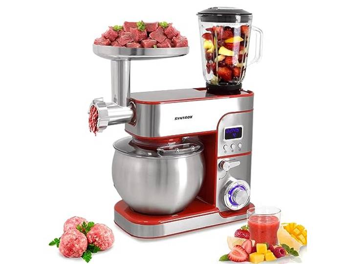 Syntrox Germany Küchengerät Kagus Edelstahl 6 Liter Küchenmaschine & Fleischwolf, Knethaken, Schneebesen, LED-Display, Timerfunktion, 1300 Watt, einfache Bedienung (Rot)