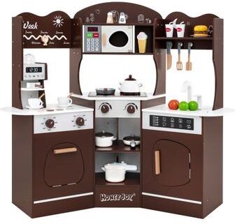 Costway Corner Wooden Play Kitchen with Coffee Machine and Slide for Kids-Brown
