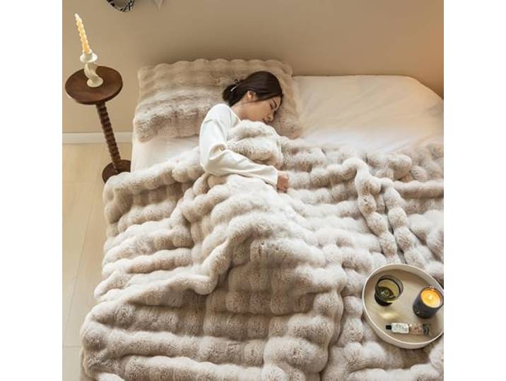 Bubble Decke Faux Kaninchenfell Decke Kuscheldecke Flauschig Flauschige Decke Doppelgesicht Dicke Decke Fell FüR Bett Sofa Kuscheldecke Casual Decke (Kamel,160 * 200cm)