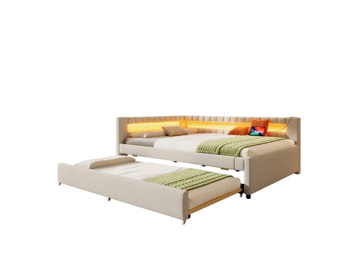 SOFTWEARY Polsterbett mit Lattenrost und Gästebett (140x200 cm, mit USB und Type-C Anschlüssen), Schlafsofa, Doppelbett, Leinen