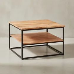 KADIMA DESIGN Industrial Couchtisch aus Akazienholz und Metallbeinen, Platzsparendes Design, Handgefertigt, Zwei Ablageflächen