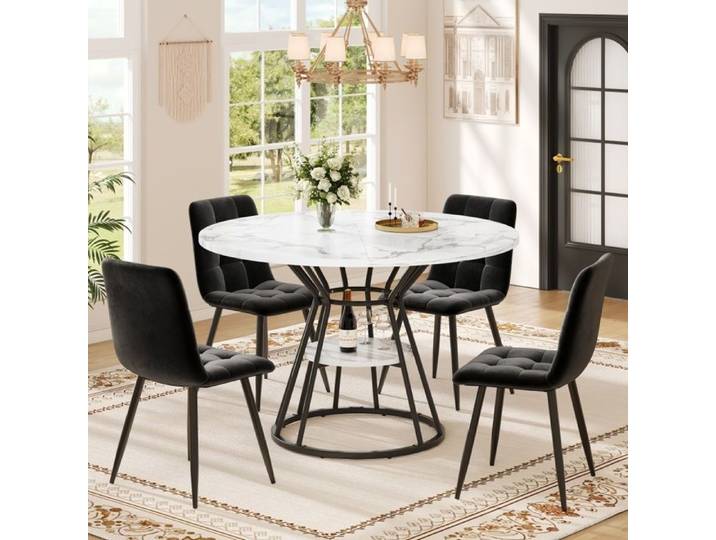 Set table ronde 100x100x76cm (avec 4 chaises) table basse 4 personnes chaise velours (table marbre incluse) chaise noire