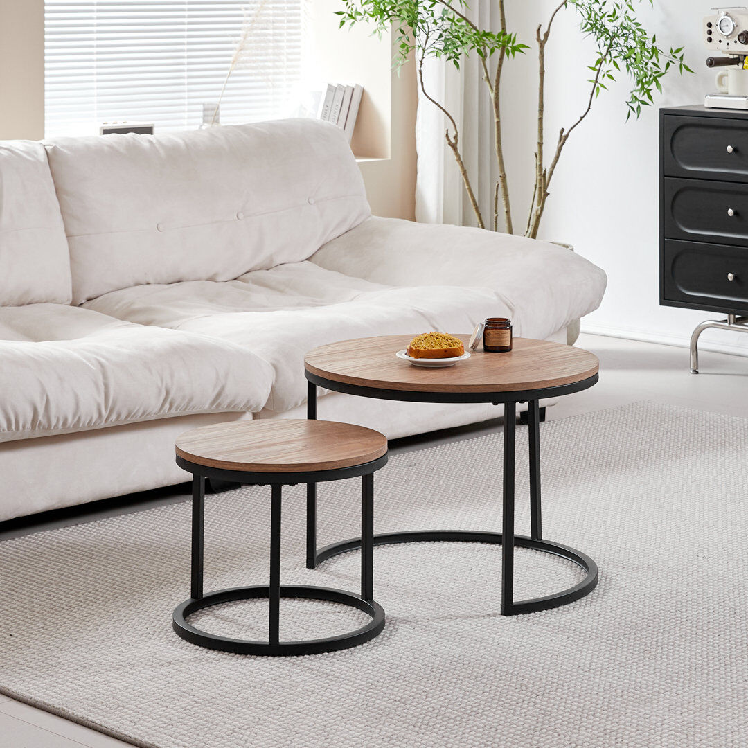 Rio Modern Nesting Coffee Tables, Round Wood Effect MDF Tabletop with Black Metal Frame for Living Room Dark Brown 44.5cm H X 60cm W X 60cm D