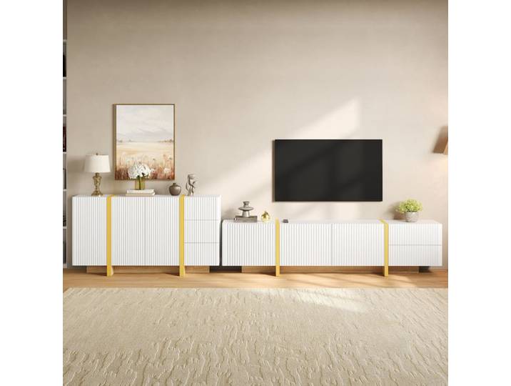 Ensemble Meuble TV 2 Pièces Meuble TV 190x35x45 cm + Buffet 140x36x75 cm Façades Rainurées - Blanc