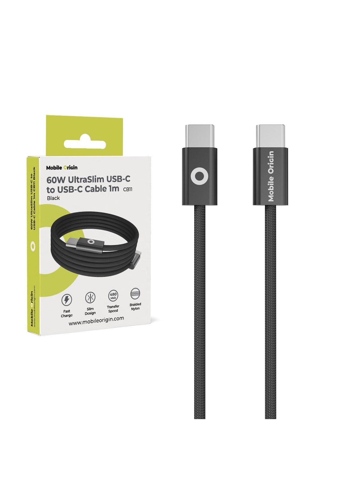 Mobile Origin CB11 60W UltraSlim USB-C to USB-C Cable 1m - Black