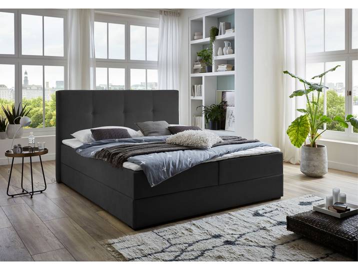 Boxbett, Strukturstoff, Anthrazit, 185×214 cm, Mit Bettkasten, ATLANTIC HOME COLLECTION