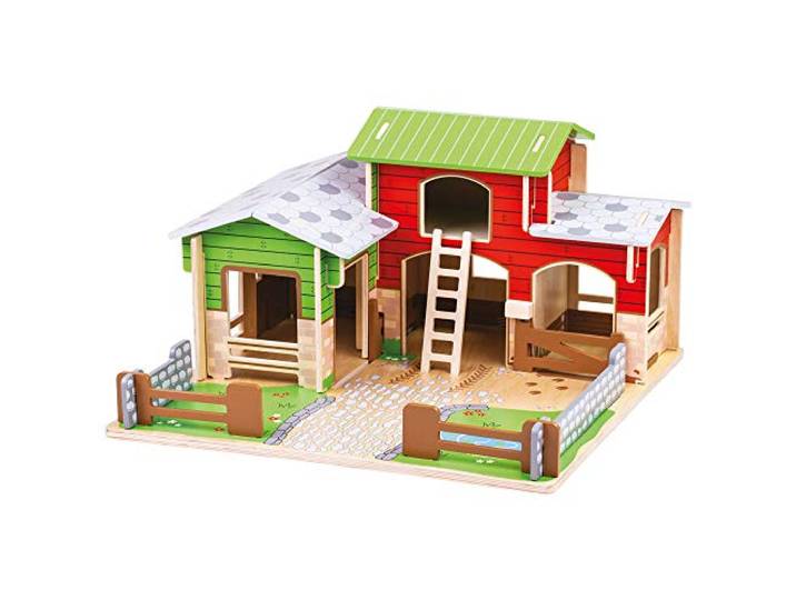 Bigjigs Spielzeug aus Holz Pflasterstein Bauernhof mit Gates Arbeit, EIN Stall, Es Loft
