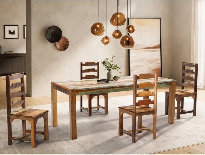 Tischgruppe Tisch 180cm mit 4 Stühle 'Hawkins' recyceltes Altholz mehrfarbig lackiert