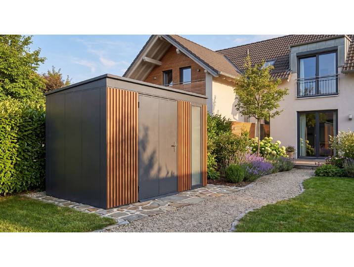 Gerätehaus WEKA Gary Gr. 8, aus Metall mit Holzoptik, anthrazit , beige (anthrazit), Metall, Gerätehäuser, Gerätehaus, aus pulverbeschichtetem, verzinktem Stahl