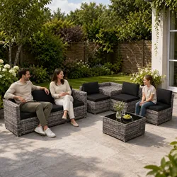 GARMIO® TURIN 8-teilig Rattan Garten-Lounge   Polyrattan Ecklounge mit Stauraum-Box & Glas-Tisch   wetterfeste Kissen, modular & flexibel