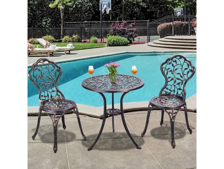 COSTWAY Ensemble Table pour Jardin et 2 Chaises en Aluminium Ensemble Bistrot pour Jardin Coulé Bronze et Noir Style Antique