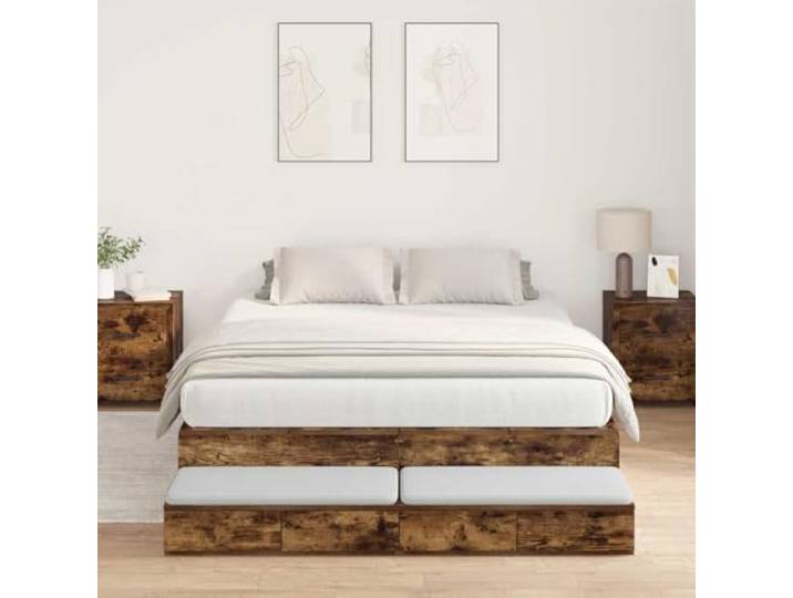 WDGJJFECNMUEHI Kiefernholz mit Stauraum Modernes Design 140 cm Braun Aufbewahrungsbettgestell Geräucherte Eiche 140 cm Holzwerkstoff mit 4 Schubladen Stauraum Bettrahmen ohne Boxspring für