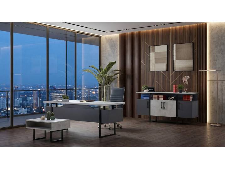 JVmoebel Büromöbel-Set Grau-weißes Büro-Set Schreibtisch Schrank Couchtisch Büro, Made in Europa