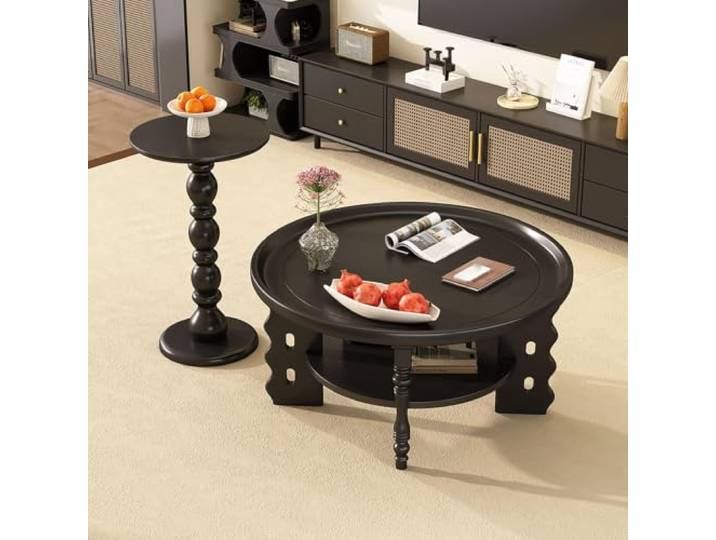 HLDJYLZS Runder Massivholz-Couchtisch, Französischer Vintage-Stil Massivholz-Konstruktion, rundes Design, französischer Vintage-Stil, Retro-Möbel, Couchtisch für kleine Räume, Wohnzimmer