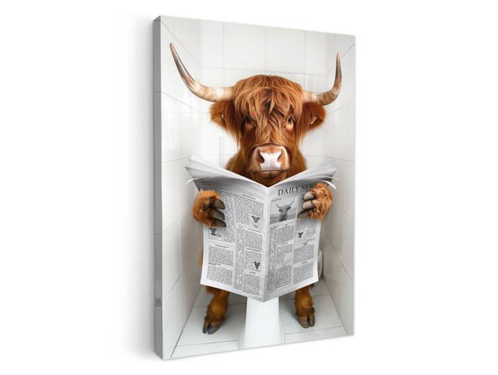 LEINWANDBILD Schottischer Highlander - Tier - Zeitung - Toilette Wanddeko 40x60 cm