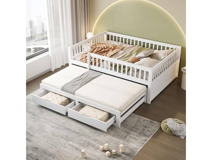 Ball & Cast Tagesbett Ausziehbar (140x200cm) mit Vollverkleidetes Sicherheitsgitter, Sofabett mit 2 Schubladen Darunter, Einfach & Zeitsparend Montierbar, Weiß