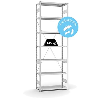 PROREGAL Antibakterielles Fachbodenregal Stecksystem T-Profil | HxBxT 300x100x40cm | 7 Ebenen | Traglast 145kg | Antibakterielle Beschichtung | Weiß