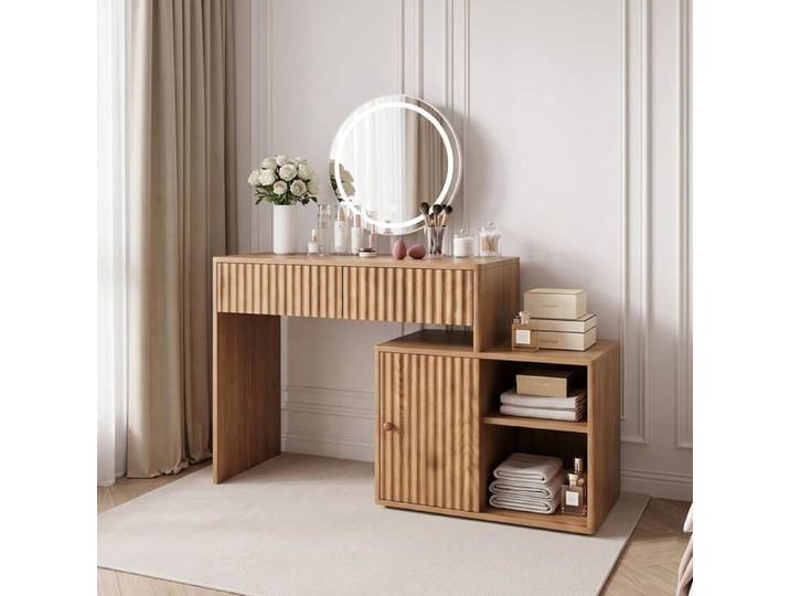 JIEXI Coiffeuse extensible avec miroir éclairé bureau de coiffeuse moderne avec tiroirs cannelés et armoire de rangement