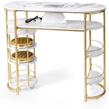 No Marble Manicure Nail Table with Built-In Electric Nail Dust Collector, Rolling Storage Trolley, Golden Metal Frame Nail Table