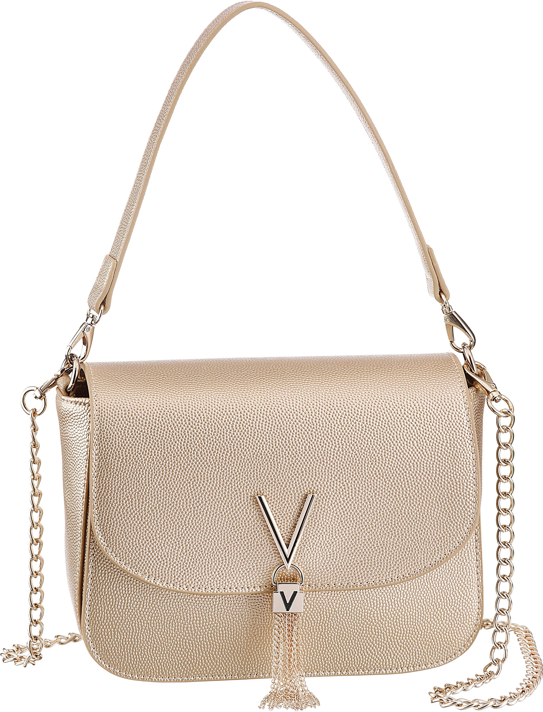 Schultertasche VALENTINO BAGS "DIVINA", Damen, Gr. B/H/T: 23cm x 17cm x 8cm, gold (goldfarben), Lederimitat, Taschen Schultertasche, mit Ketten Details Handtasche Damen Tasche Damen Schultertasche goldfarben B/H/T: 23cm x 17cm x 8cm